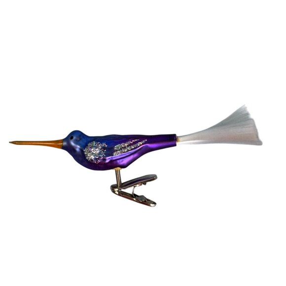 Blown Glass Hummingbird Clip Ornament Purple Blue Orange Spun Glass Tail 5.5 In - Picture 3 of 6